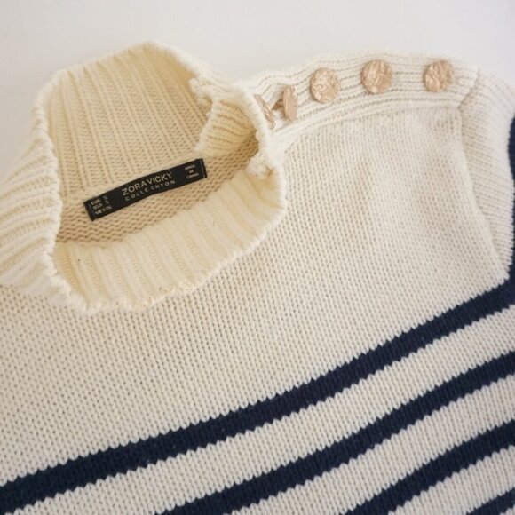 Zora Vichy Collection Cream w Navy Stripe Knit Ribbed Mockneck Sweater S - Picture 11 of 11